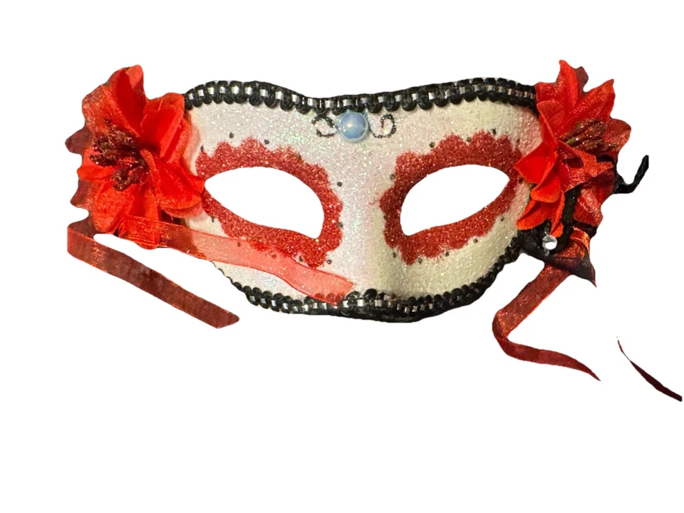 2x Day of the Dead Mask Dia de los Muertos Masquerade Halloween Red Floral - Image 2 of 2