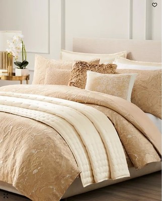 Donna Karan Liquid Marble 3P King Duvet Cover Shams Set Gold $1395