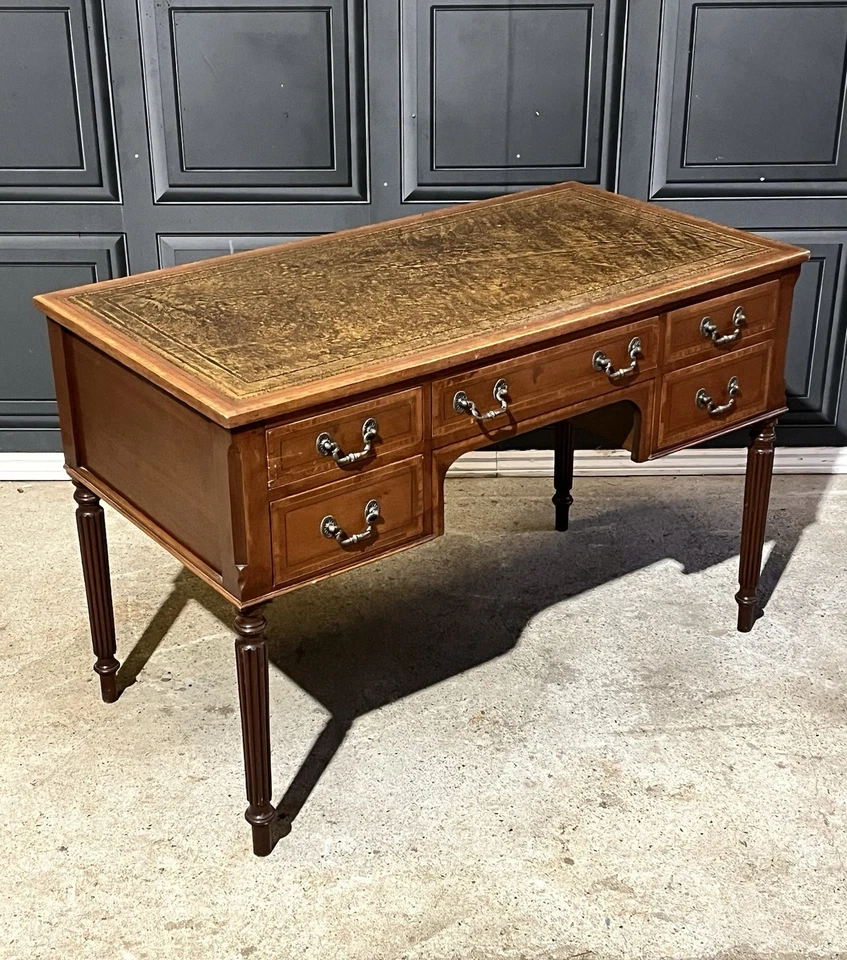 Antique Edwardian Style Double Pedestal Leather Top Inlay Captains Desk - Image 3 of 4