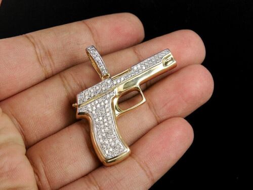 Hand Gun Lab Created Round Cut Diamond Pendant Charm 14K Yellow Gold Plated 1 Ct - Picture 1 of 1