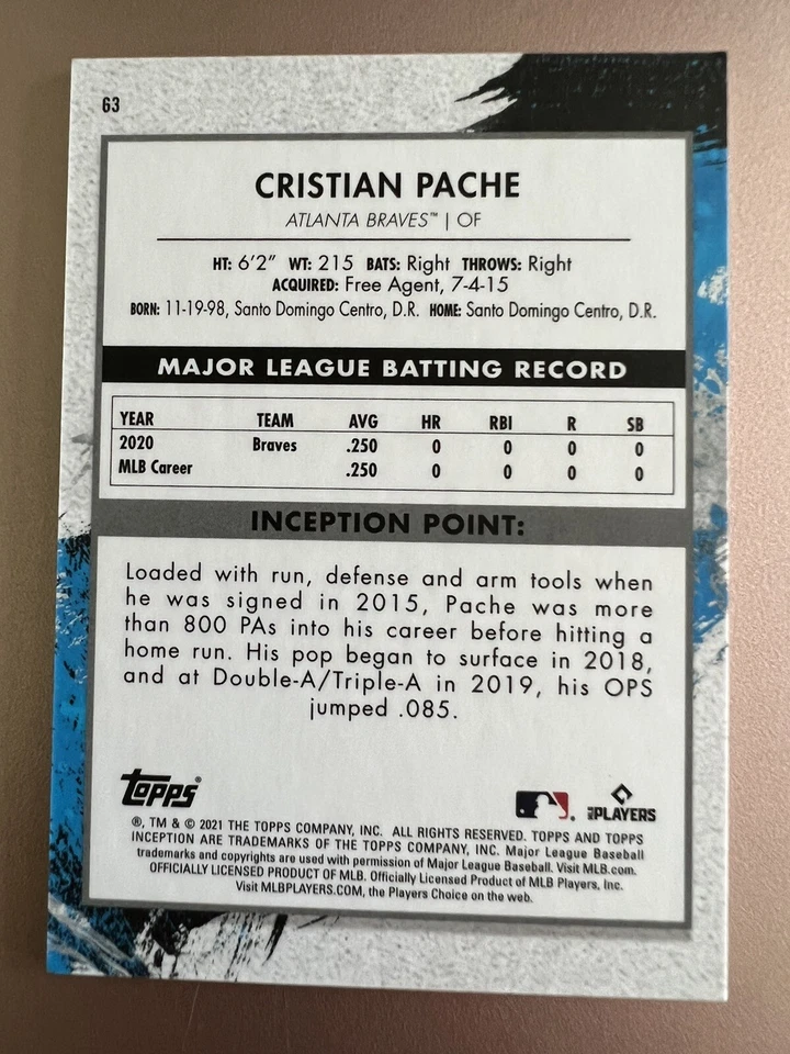 2021 TOPPS INCEPTION CHRISTIAN PACHE PURPLE 129/150 ROOKIE CARD #63 BRAVES - Image 4 of 4