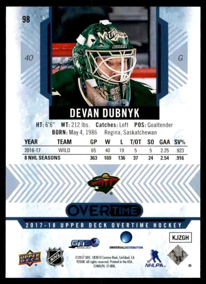 2017-18 Upper Deck Overtime Blue Foil Devan Dubnyk Minnesota Wild #98 - Image 2 of 2
