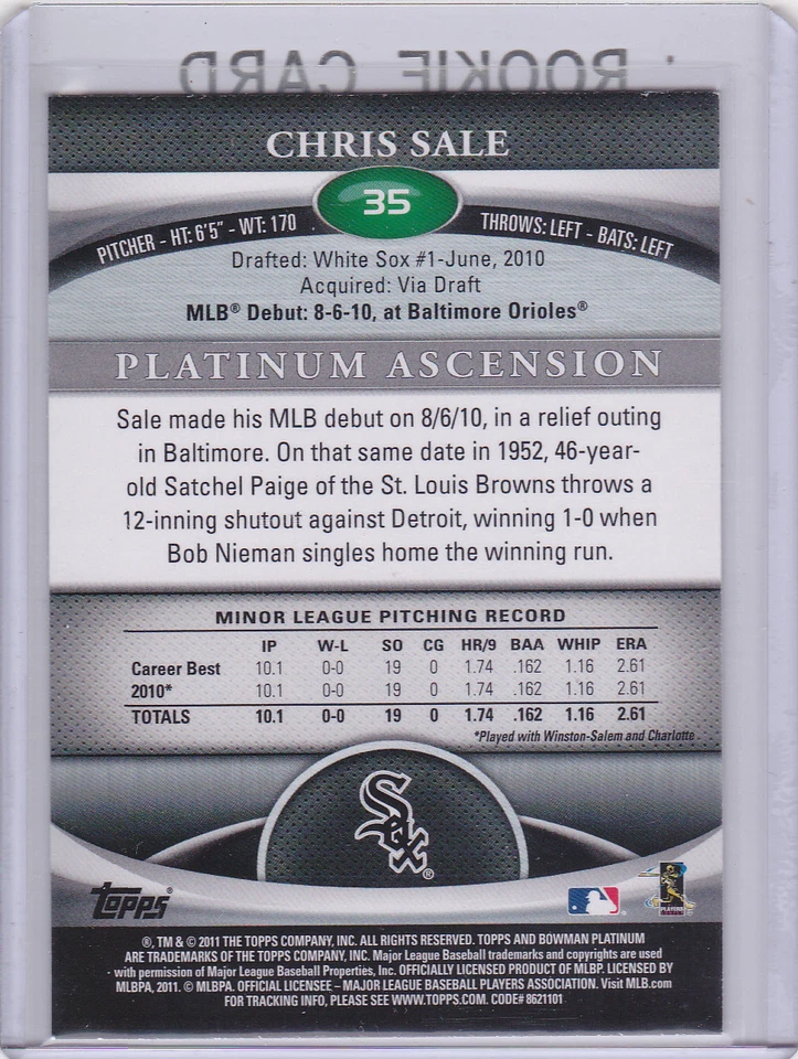 CHRIS SALE ROOKIE CARD 2011 Bowman Platinum GOLD $$ INSERT RC Baseball White Sox - Image 2 of 2