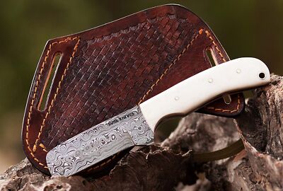 Handmade Damascus steel Bull cutter knife, cowboy knives with pancake leather...
