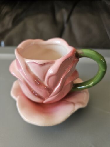 Figural Rose Tea cup and Saucer Set Demitasse Expresso Ceramic Beautiful! - Picture 2 of 4