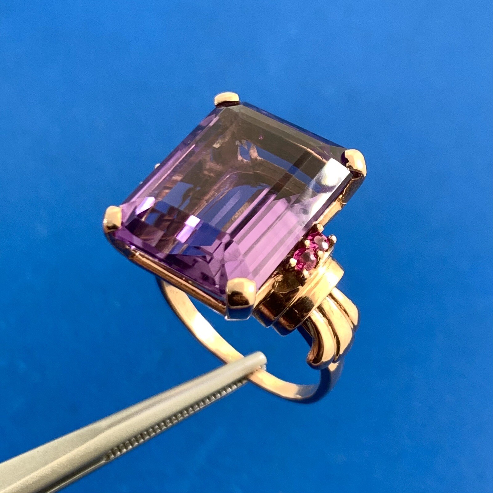 Estate Emerald Cut Amethyst Ruby Accents 14K Rose… - image 7