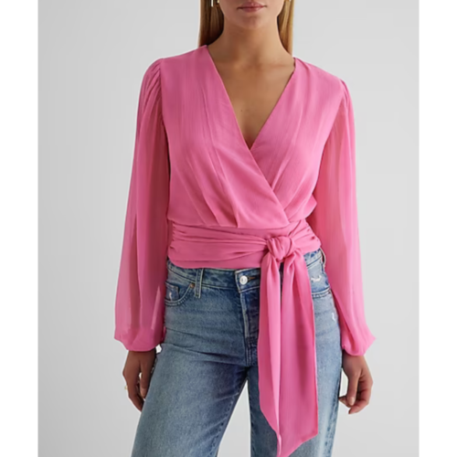 Express Women's Neon Pink V-Neck Long Sleeve Faux Wrap Tie Waist Top Size XS - Picture 1 of 7