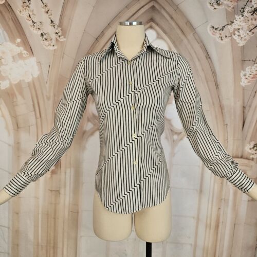 Vintage 1970s Blouse Black and White Abstract Striped Top Shirt Pointed Collar