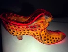 Fenton Art Glass Ruby Red Hobnail Cat Head Slipper Shoe Figurine Vtg Cad GLOW!