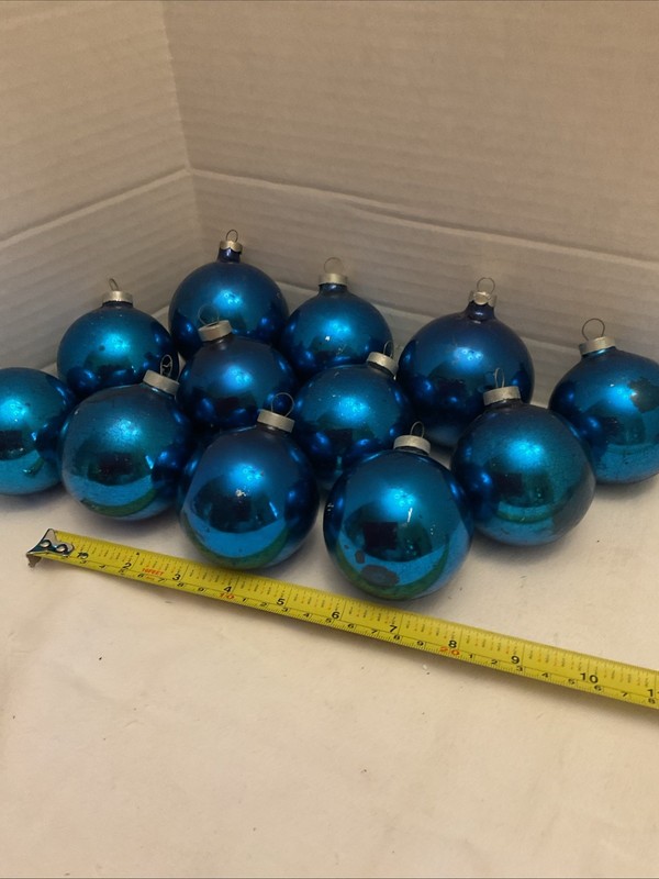 12 Vintage Glass Christmas Tree Balls Ornaments 2.5" Blue Metal Caps RETRO -Z
