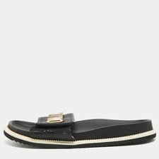 Moschino Size 44 Black Leather logo FLat Slides
