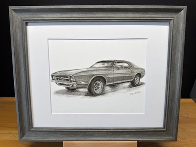 Drawing of a 1971 Ford Mustang Car Graphite Pencil Art Sketch Picture Print