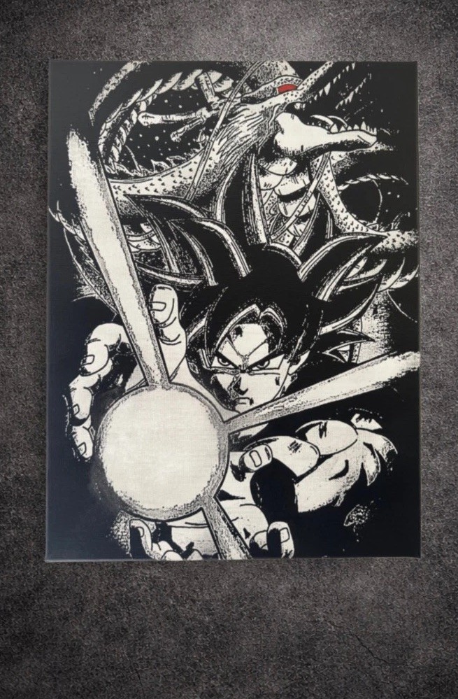 Tableau Goku Kamehameha déco chambre ado geek fan de Dragon Ball Z en noir et blanc
