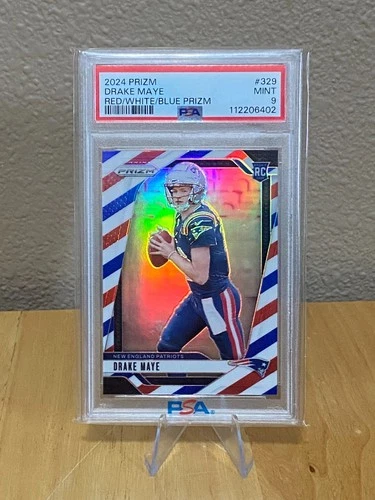 2024 DRAKE MAYE PANINI RED/WHITE/BLUE PRIZM ROOKIE FOOTBALL CARD #329 PSA 9