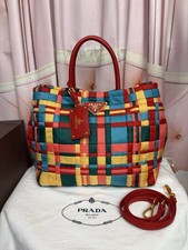 Prada Tessuto Nylon Woven Top Handle Bag Multicolor Red Gold Hardware Dust Bag