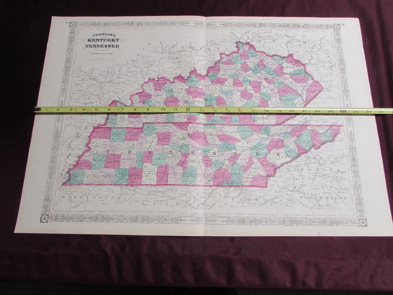 1865 JOHNSON'S  KENTUCKY & TENNESSEE, Hand-Colored Map by A.J.  Johnson, NY