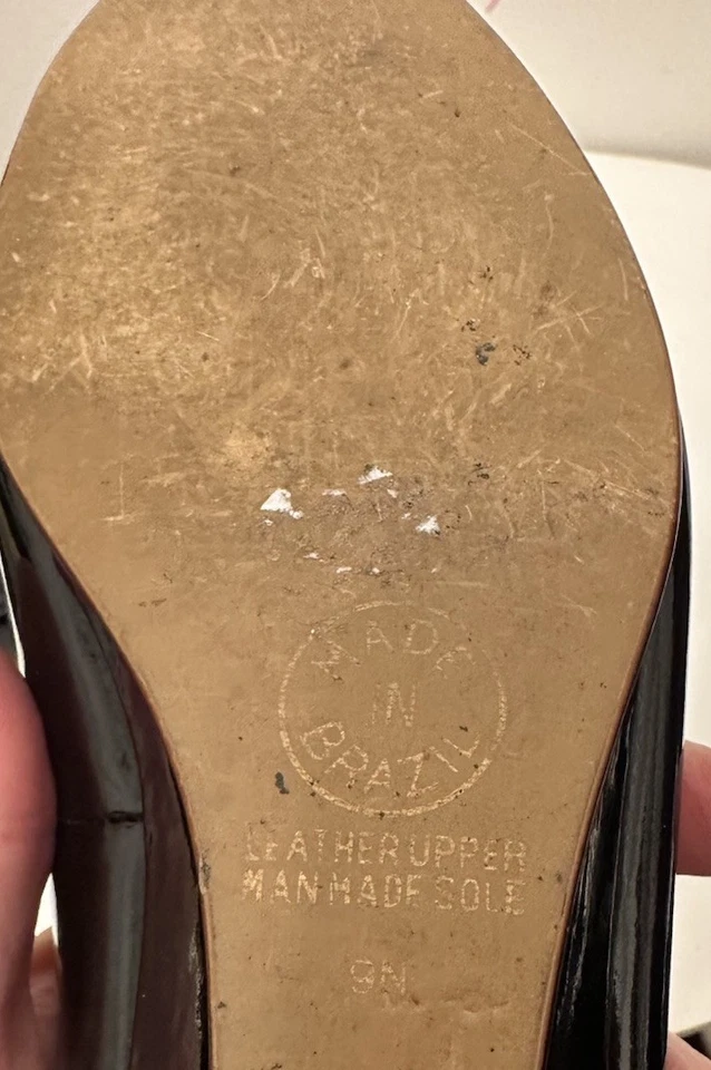 Vintage 9West Feminino Preto Couro Patente Salto Cunha Baixo Tamanho 9 N 80’s 90’s Retrô - Imagem 4 de 4