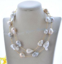Huge Natural White Gray Pink Reborn Keshi Baroque Pearl Station Necklace 36 inch