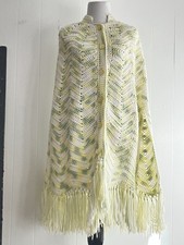 Vintage Handmade Knit Poncho with Fringe Button Front Boho One Size