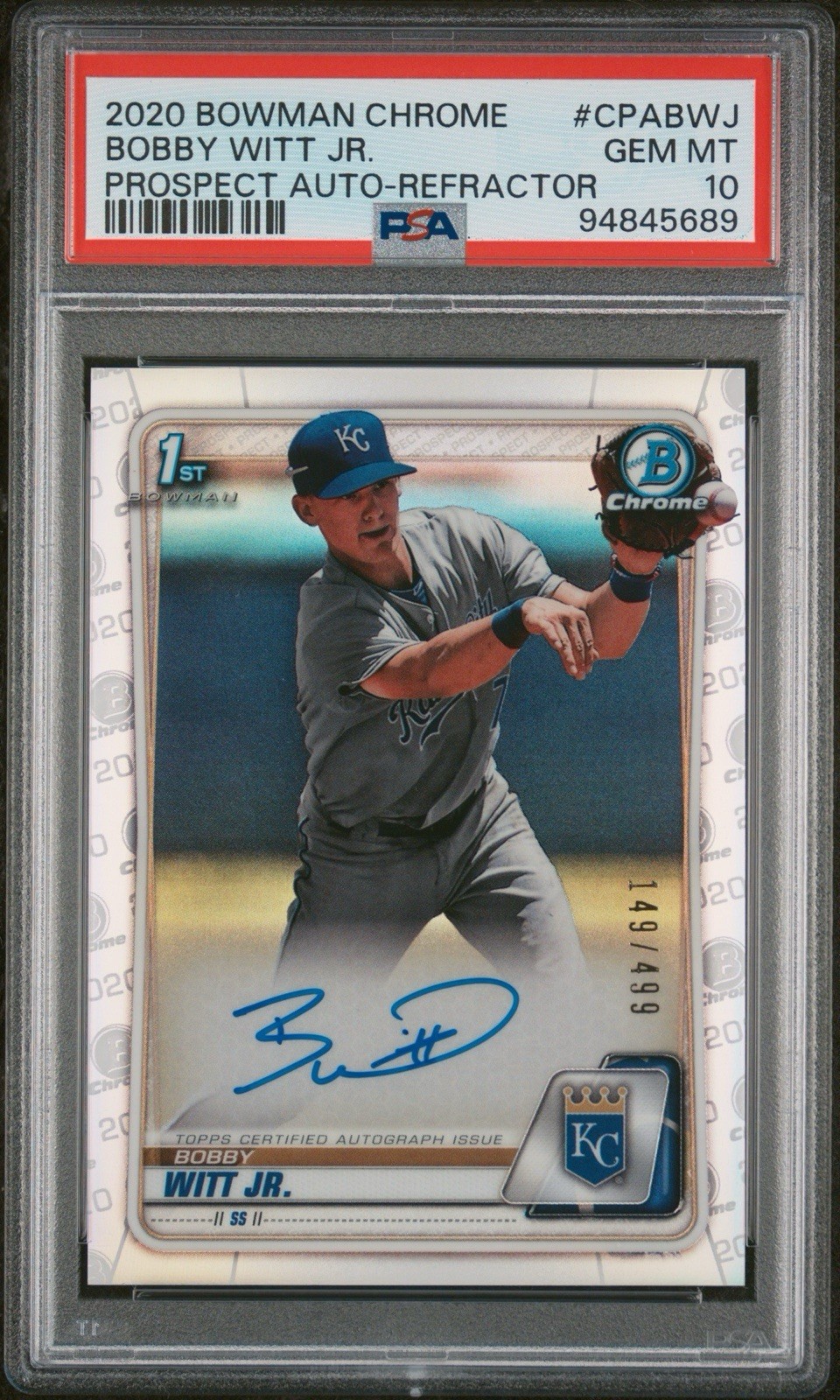 BOBBY WITT JR. 2020 BOWMAN CHROME REFRACTOR AUTO  /499 #CPABWJ PSA 10 GEM MINT
