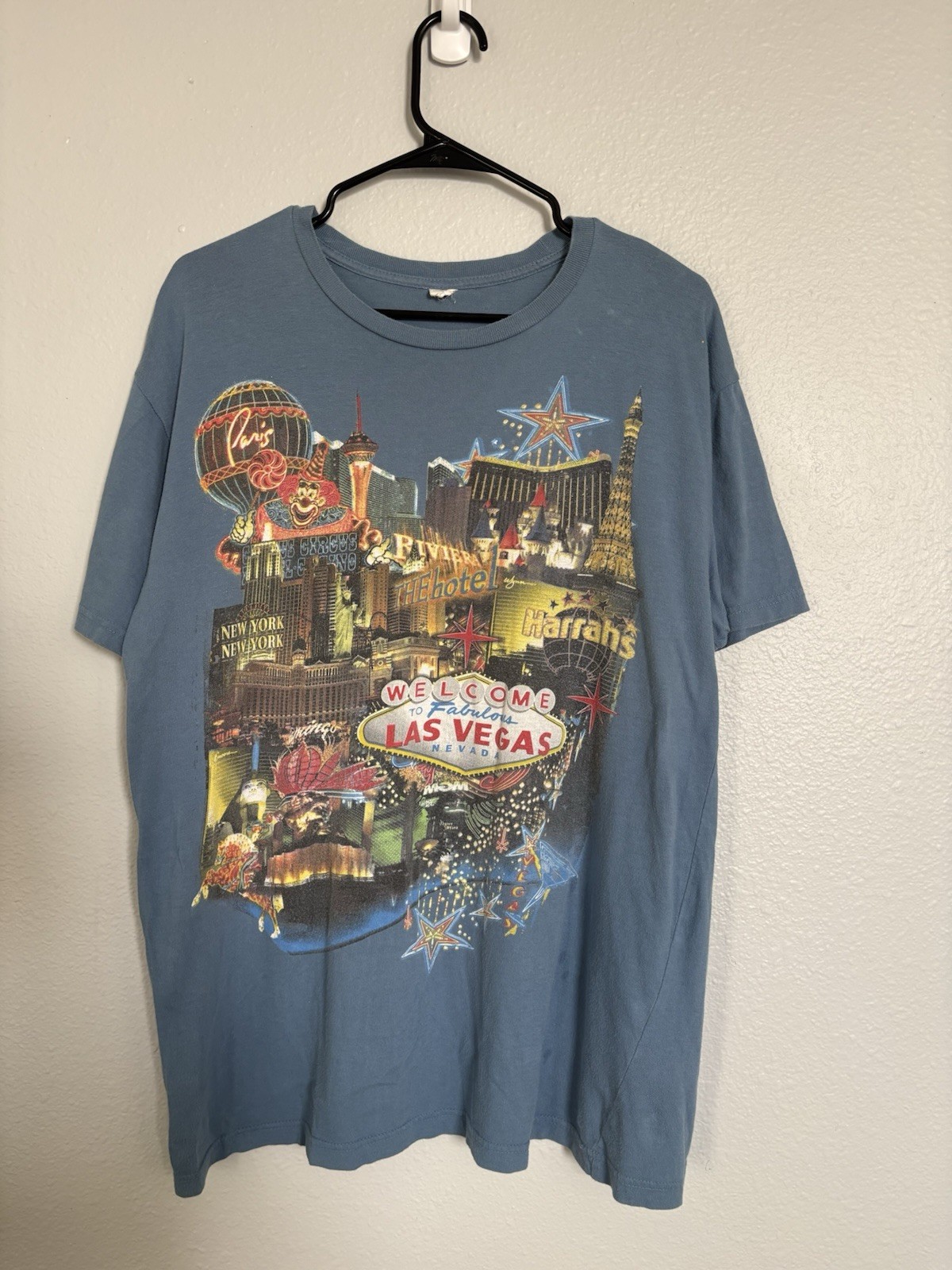 Men's Blue Las Vegas Graphic Print Short Sleeve T-Shirt Cotton