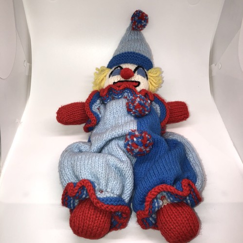 Vintage Handmade Knit Clown Rag Doll Yarn Hair Pom Poms Hat Red Blue 17.5”