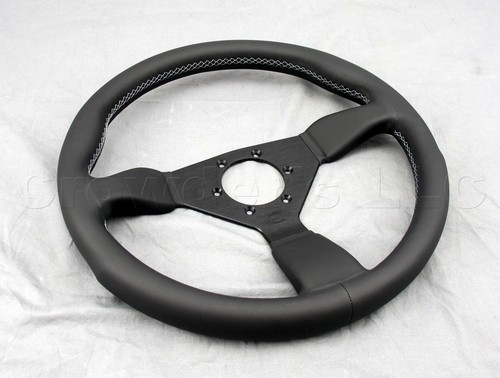 Personal Grinta Steering Wheel 350mm Black Leather Grey Stitching Black Spokes - Foto 3 di 6