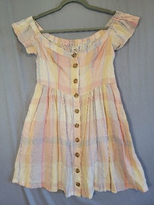 New Urban Outfitters Plaid Linen Blend Amelie Off Shoulder Button Dress  Medium | eBay