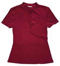 Belle Sky Maroon Short Sleeve High Neck Cut Out Front Blouse Women's Size M