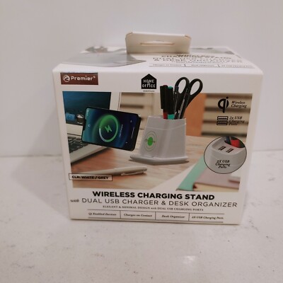 Premier Qi WIRELESS CHARGING STAND with DUAL USB CHARGER & DESK ORGANIZER (5W)