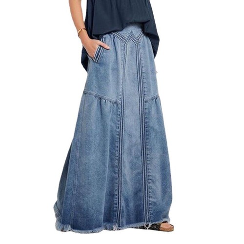 Women Retro Elastic High Waist Frayed A-Line Maxi Lady Denim Long Skirt Pockets - Picture 6 of 22