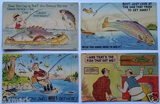 Tichnor Brothers "Fish Comics" 1940's Linen Humorous Postcards - Qty 4 - 