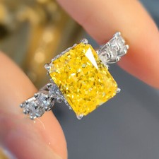 New ice Flower Cut Yellow Citrine Gemstone Women Girl Party Jewelry Silver Rings