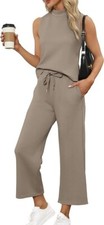 SAMPEEL Two Piece Sets for Women Summer Outfits Lounge Sets Mock Neck Tops Wide