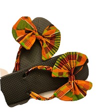 Kente Cloth African Big Bow Women's Flip Flops, Size 9-10 Large Covers Bunions