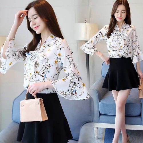 Women Half Sleeves Lace Up Shirt Blouse Floral Chiffon Shirt Tops Office Blouse - Picture 9 of 11