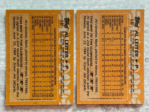 (2) 1988 Topps Al Leiter New York Yankees Rare Error & Corrected Rookie Card #18 - Picture 2 of 2