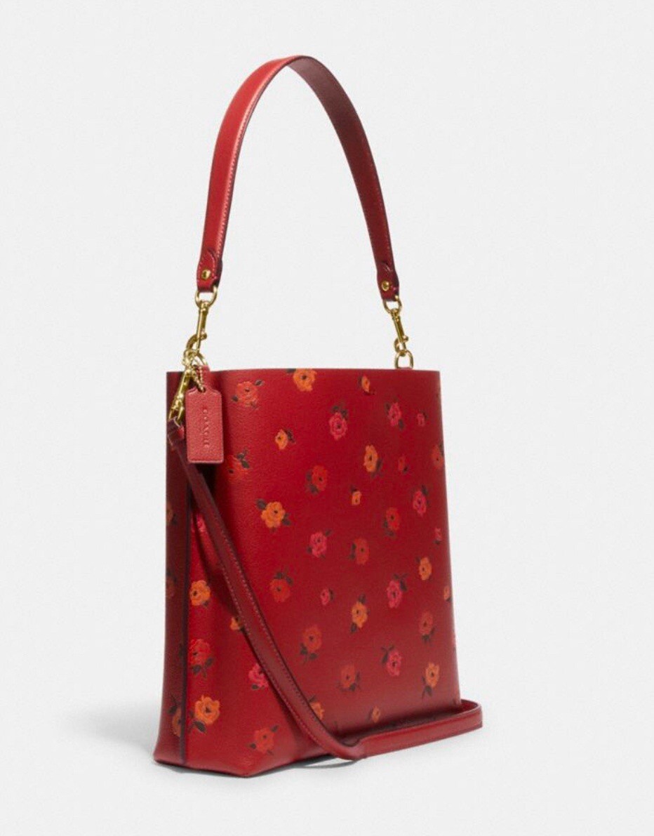 NWT Coach Mollie Bucket Bag In Leather With PEONY Floral Print