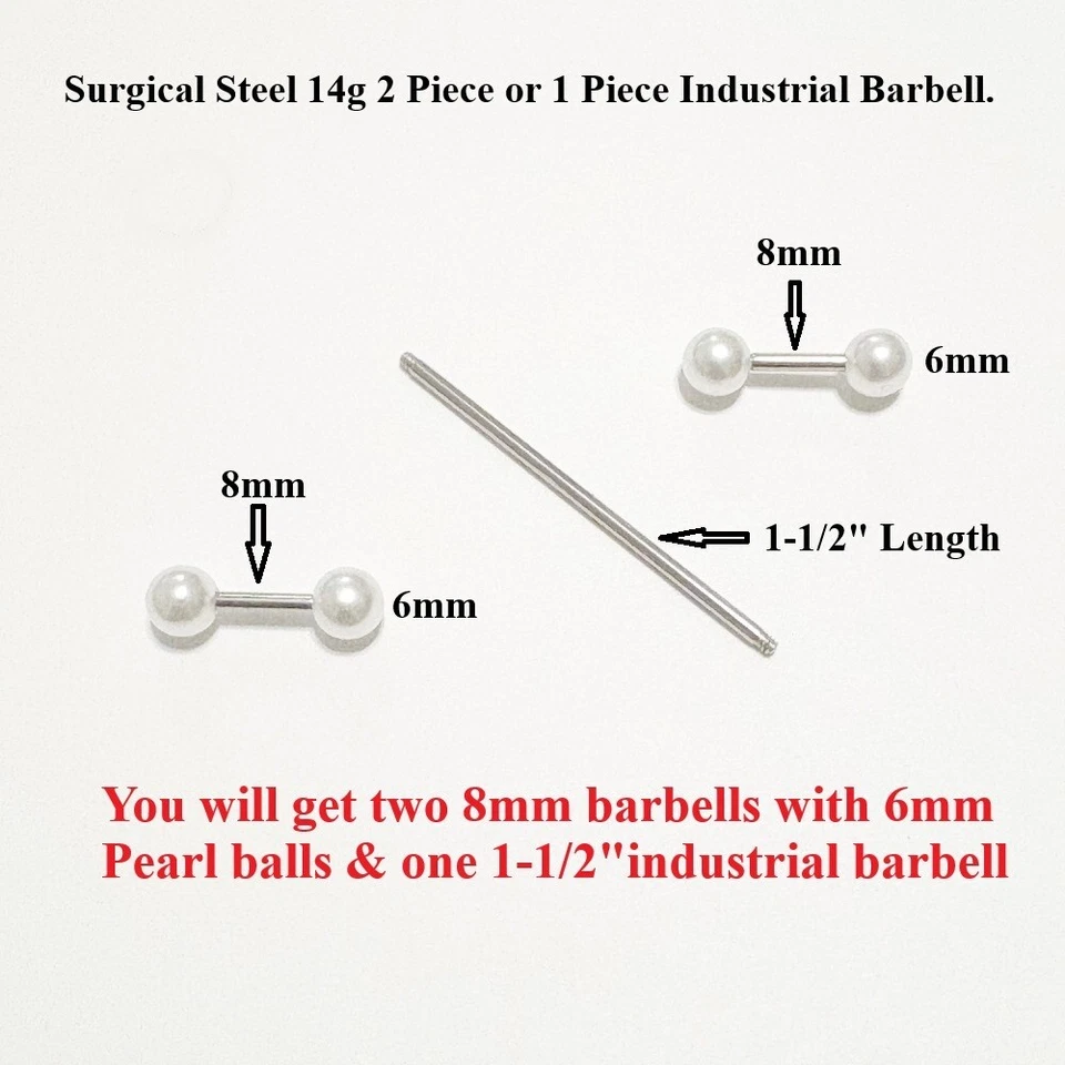 Perlas blancas clásicas de 6mm 2 piezas 8mm 14g Barra industrial, Acero quirúrgico. Foto 3 de 4