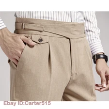 Mens Gurkha Straight Business Formal Dress Pants High Waist Slim Fit Trousers