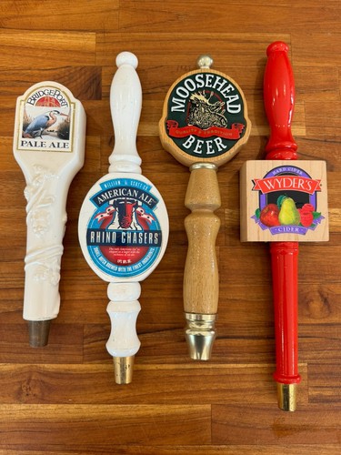 Beer Tap handle set (4), Bridgeport, Moosehead, Rhino Chasers, Wyder's Man Cave