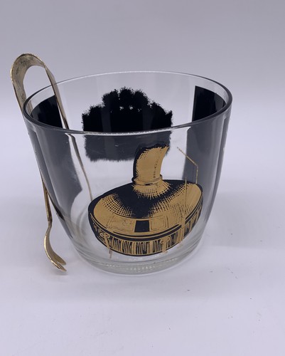 Mid-Century Modern Glass Ice Bucket and Ice Grabber 22k Gold & Black - Picture 4 of 5