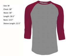 3/4 Sleeve Plain T-Shirt Baseball Raglan Jersey Sports Men's Tee Gray Red M
