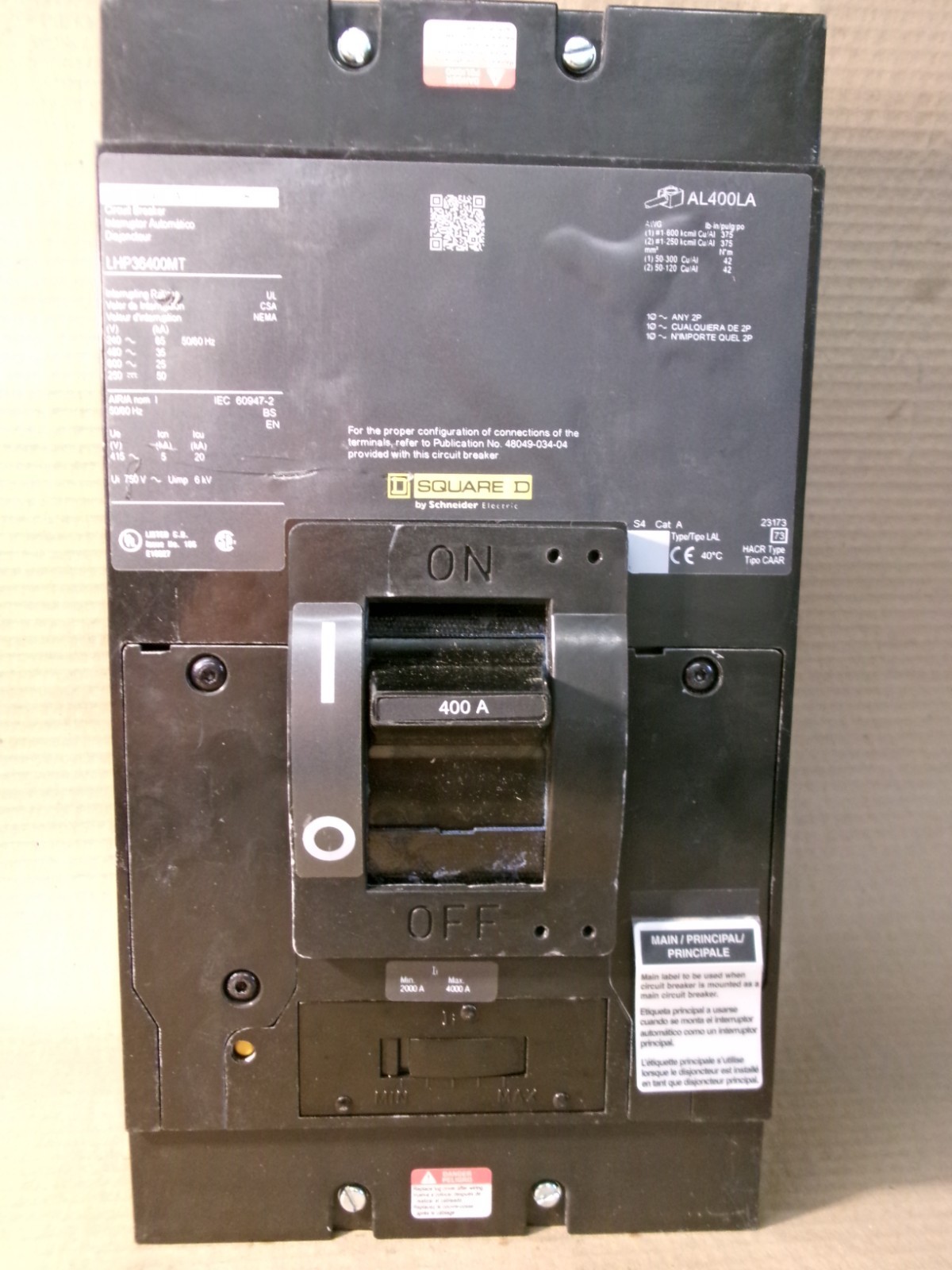 NEW Square D LHP LHP36400MT 3 Pole 400 Amp 600V Gray Label Circuit Breaker