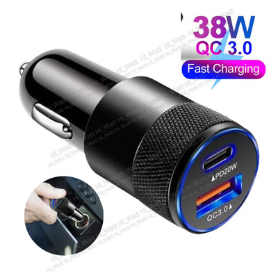 12V USB C Car Phone Fast Charger Plug 38W PD/QC USB A Adapter Cigarette Lighter