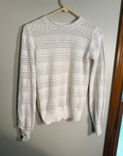 LOFT White Open-Knit Cotton Pullover Sweater Womens S Lightweight Crew Neck