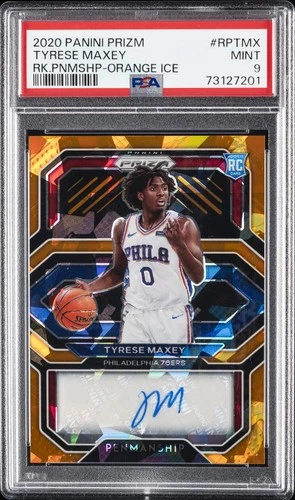 2020 PANINI PRIZM ROOKIE PENMANSHIP ORANGE ICE #RPTMX TYRESE MAXEY ROOKIE PSA 9