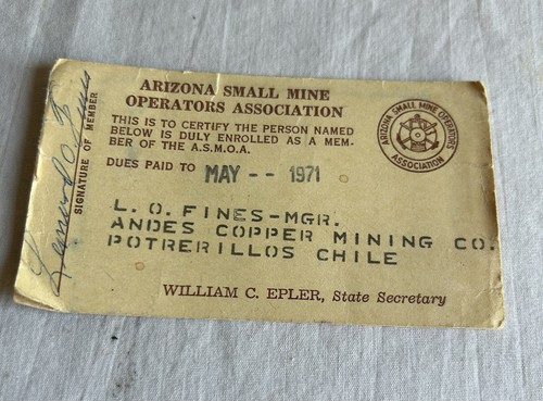 1971  Arizona Small Mine Operators Andes Copper Mining Chile ID card