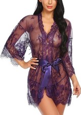 Avidlove Lace Kimono Dark Purple Robe Medium Babydoll Lingerie Mesh