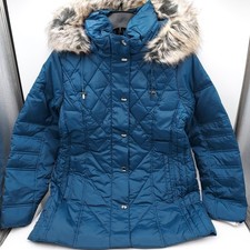London Fog Women's Diamond Quilted Down Coat, Faux Fur, Navy, Sz M  G4-A6 